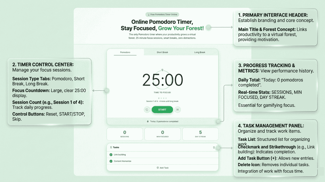 Pomodoro timer interface showing 25-minute focus session, short break, and long break controls